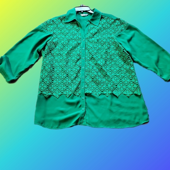 Vintage  Mint Green Lace Overlay Button Down Blouse - Picture 7 of 13